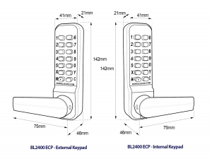 BL2421 ECP - Tubular latch, back to back free turning lever handle keypads & ECP coding chamber