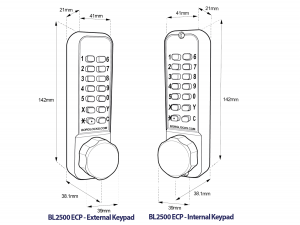 BL2521 ECP - Tubular latch, back to back knurled knob keypads with ECP coding chambers