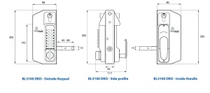 BL3100DKO ECP - Metal gate lock with anti climb knob turn ECP keypad, 65-80mm latchbolt, inside holdback paddle handle & key override