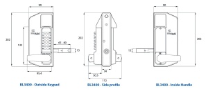 BL3400 ECP - Metal gate lock with free turning lever ECP keypad, 65-80mm latchbolt & inside holdback lever handle