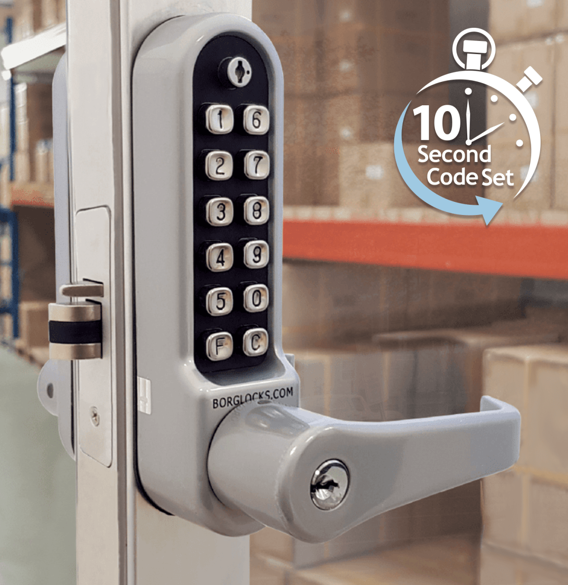 BL5702 ECP - Lever turn keypad with built-in key override, internal lever handle and 28mm backset ali latch