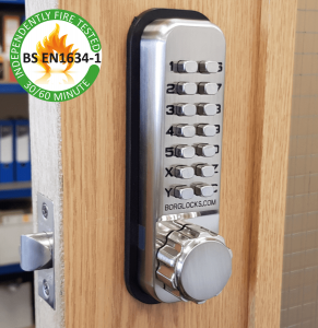 BL2501 FT - Tubular latch, 30/60 minute fire tested knurled knob keypad, inside paddle handle with holdback