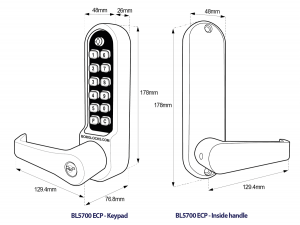 BL5701 ECP - Lever turn keypad with built-in key override, flat bar lever inside handle, tubular latch & on the door code change function