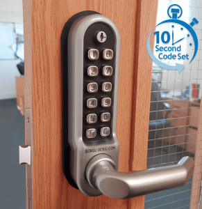 BL5009 ECP - Medium/heavy duty, round bar handle keypad with 60mm backset mortice nightlatch, round bar inside handle & free passage mode