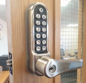 BL5701 ECP - Lever turn keypad with built-in key override, flat bar lever inside handle, tubular latch & on the door code change function