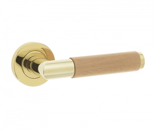 Frelan Havanna Door Handle on Rose Light Beechwood/Polished Brass