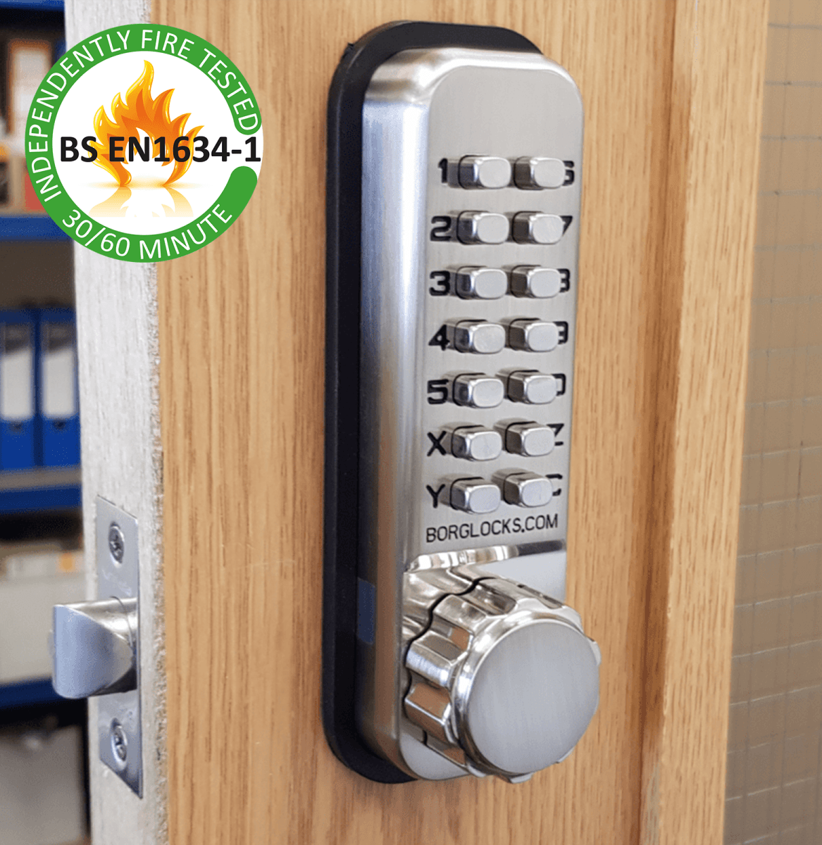 BL2501 FT - Tubular latch, 30/60 minute fire tested knurled knob keypad, inside paddle handle with holdback