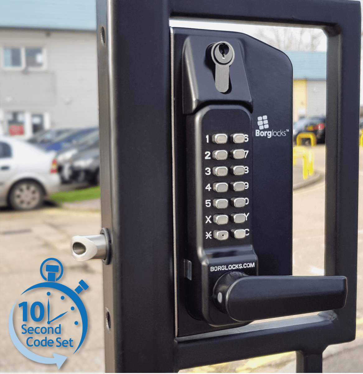 BL3400DKO - Metal gate lock with free turning lever keypad, 65-80mm latchbolt, inside holdback lever handle & key override