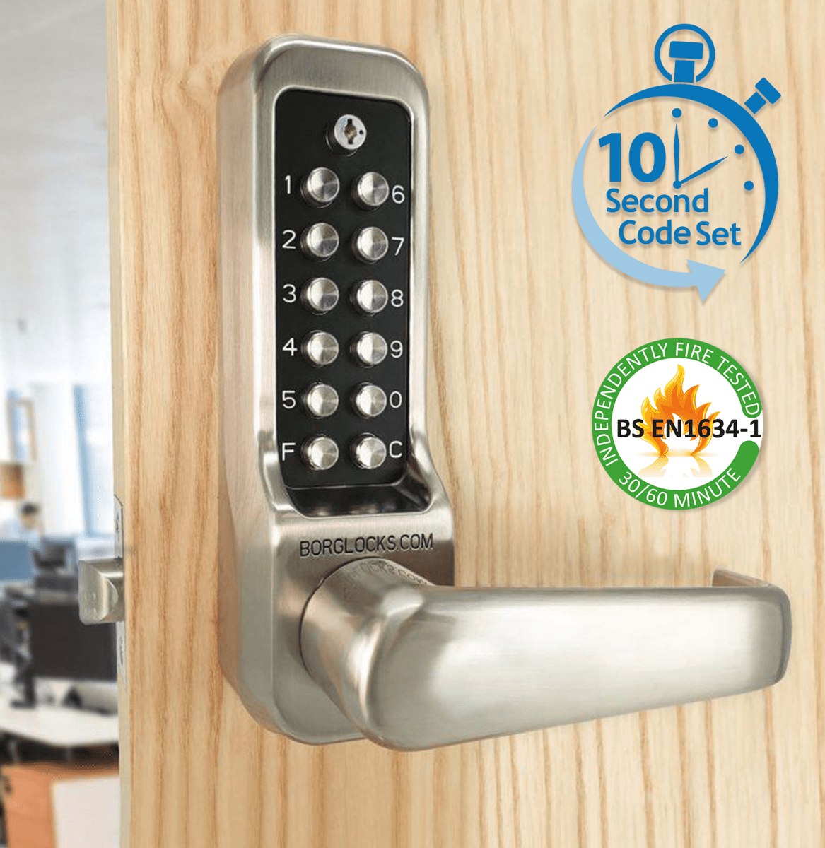 BL7001 FT ECP - 30/60 min fire tested heavy duty lever turn keypad with internal lever handle, tubular latch & on the door code change functionality