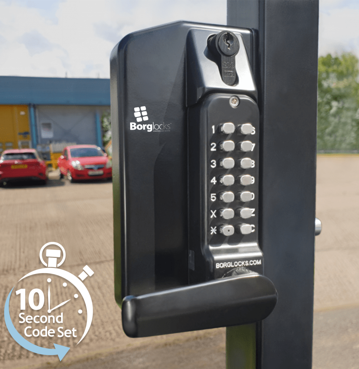 BL3430DKO ECP - Metal gate lock with free turning lever ECP keypad, 65-80mm latchbolt & key override