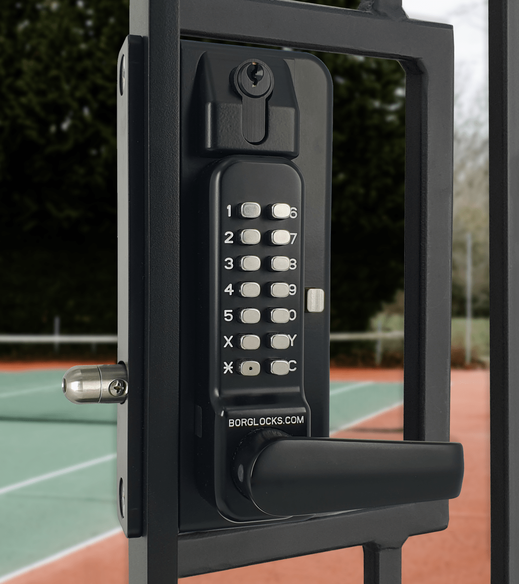 BL3435 KO ECP Metal gate lock with back to back free turning lever ECP keypads trigger release deadbolt